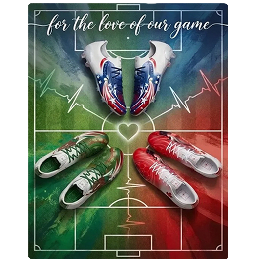 image: Green, blue, and red painting with three stylized soccer cleats and calligraphy text that reads "for the love of our game"