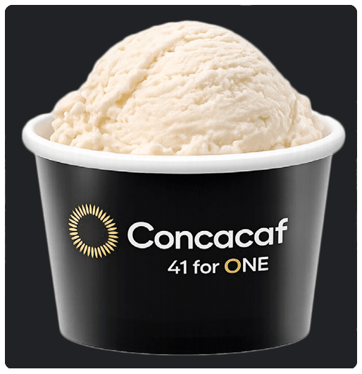 image: Vanilla ice cream in a black cup that says Concacaf 41 for One