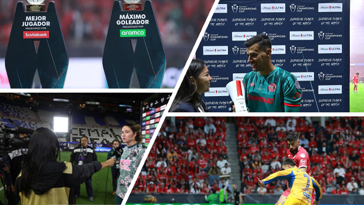 image: Concacaf brand exposure collage showing Scotiabank and Aramco branded trophy stands, player awards presentation, and live match play in the Concacaf Champions Cup. 