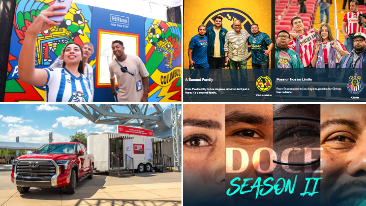 image: Concacaf sponsor collage featuring Hilton photo booth, Toyota truck activation, and DOCE Season 2 videos.