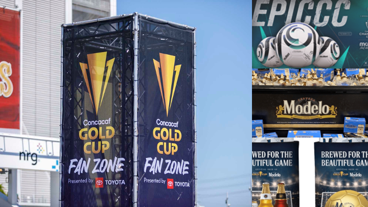 image: Concacaf Gold Cup Fan Zone tower presented by Toyota alongside displays for official match balls and Modelo beer activations.