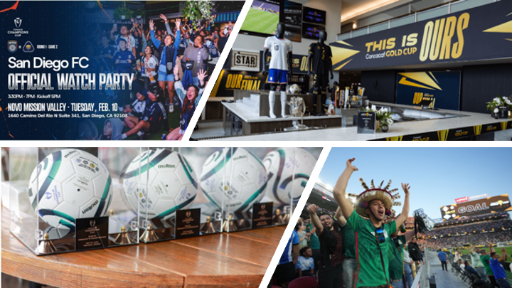 image: Concacaf collage featuring watch party graphic, indoor Gold Cup activation, official match balls, and fans cheering in the stadium. 