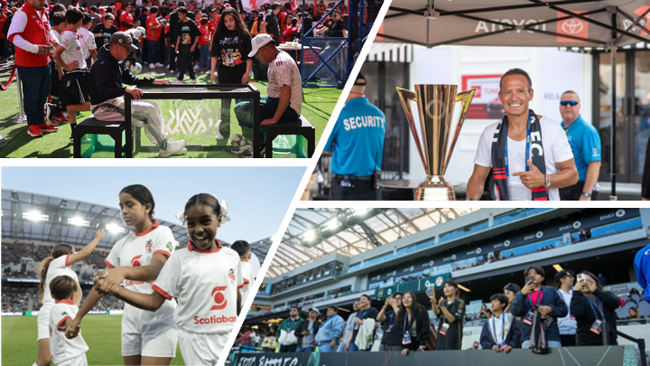 image: Concacaf fan engagement collage with pitch side experiences, tabletop games, Gold Cup trophy photo opp, and youth player mascots.
