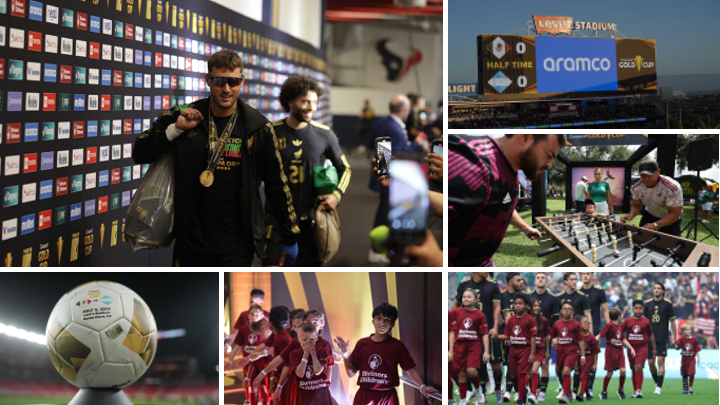 image: Concacaf Gold Cup photo collage showing player tunnel, Aramco board, foosball fan zone, and youth player mascots.