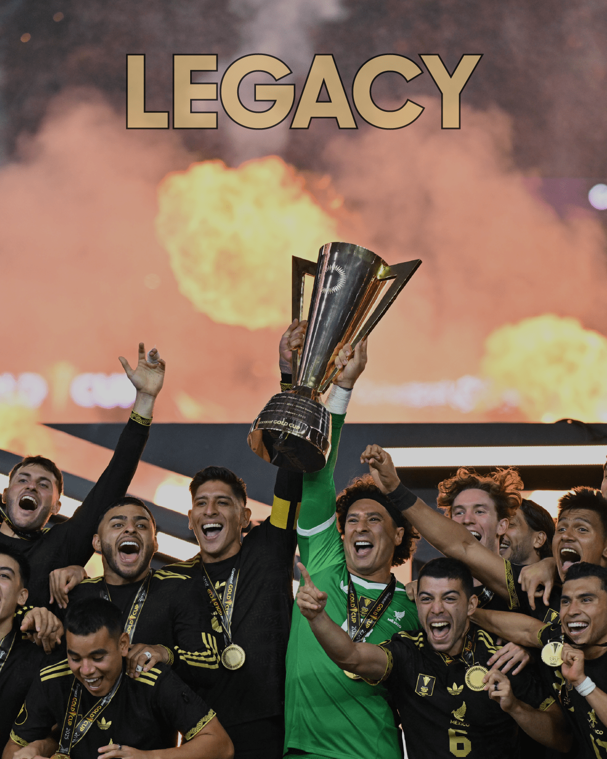 image: Mexico football players cheering and lifting the Concacaf Gold Cup trophy under gold overlay text reading LEGACY
